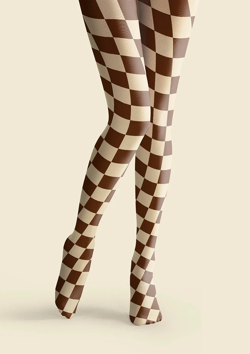 Brown-pale Yellow Checkered Tights Hosiery Pantyhose