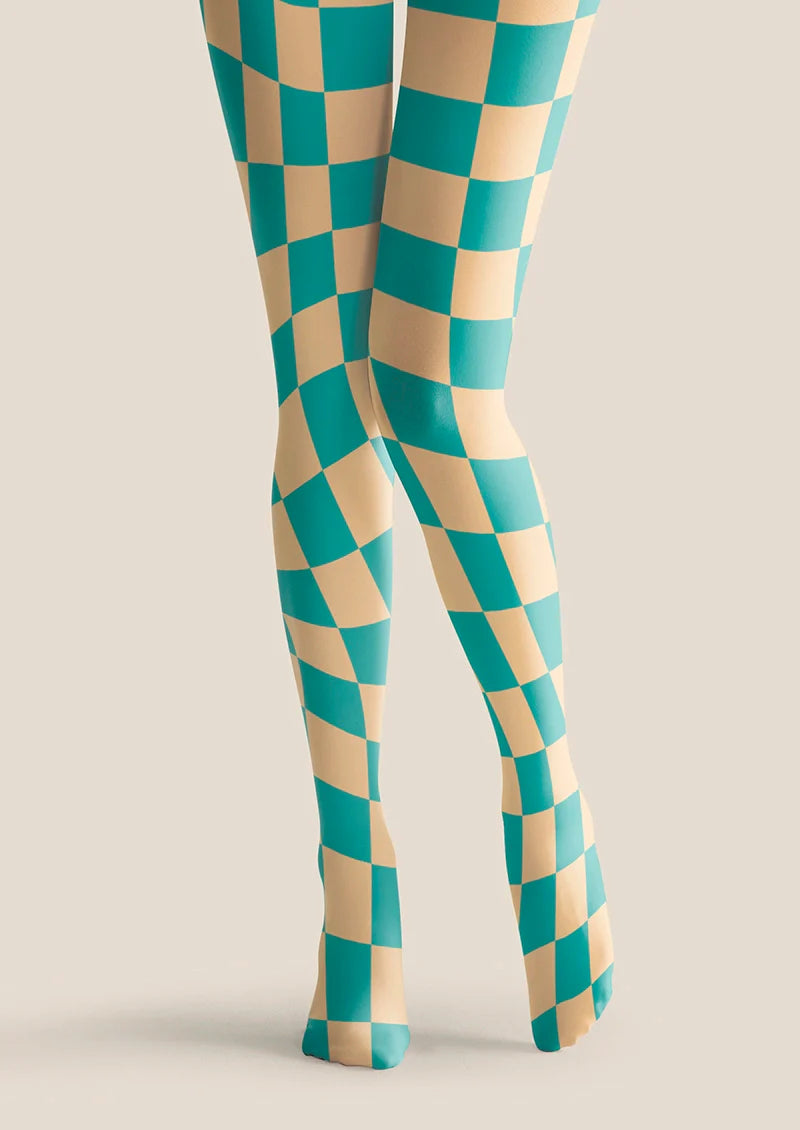 Aqua Green Checked Tights Hosiery Pantyhose