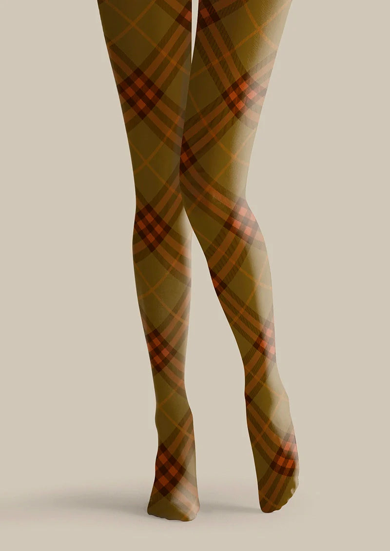 Olive green-Orange Maillard  Check Tights Hosiery Pantyhose