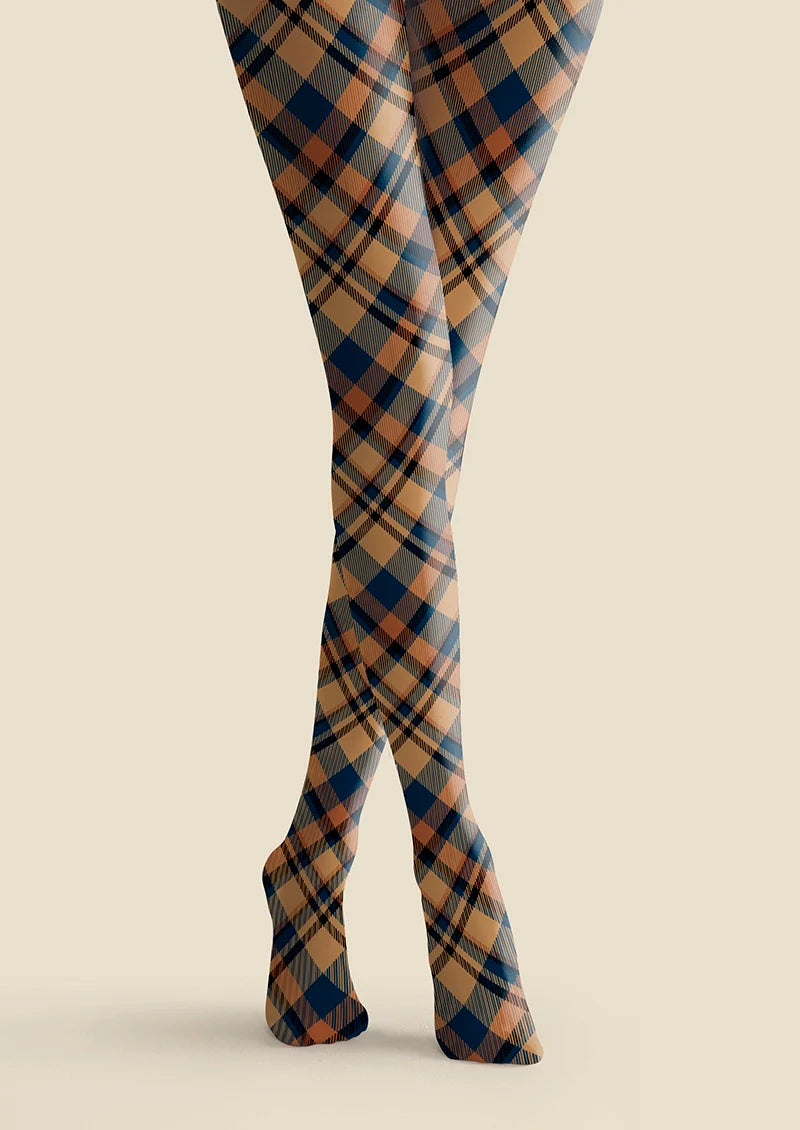 Brown- blue  stripes Checked Tights Hosiery Pantyhose