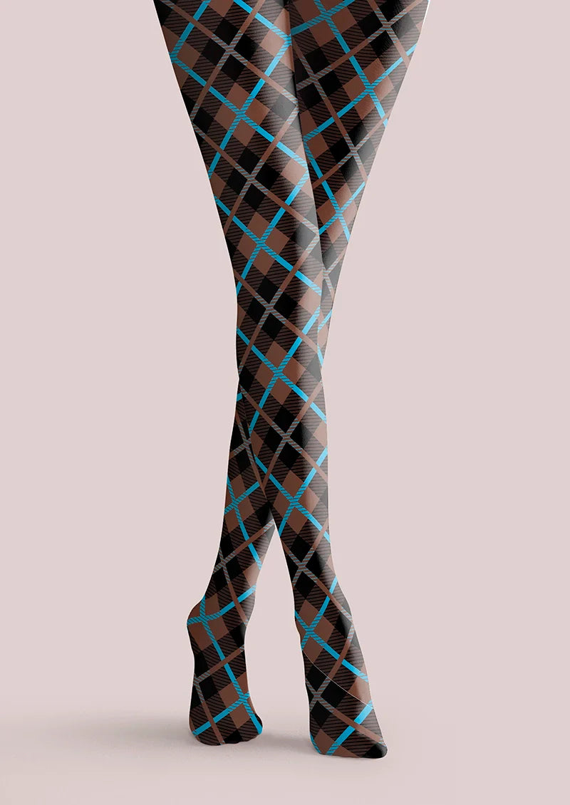 Brown Blue Check College Tights Hosiery Pantyhose