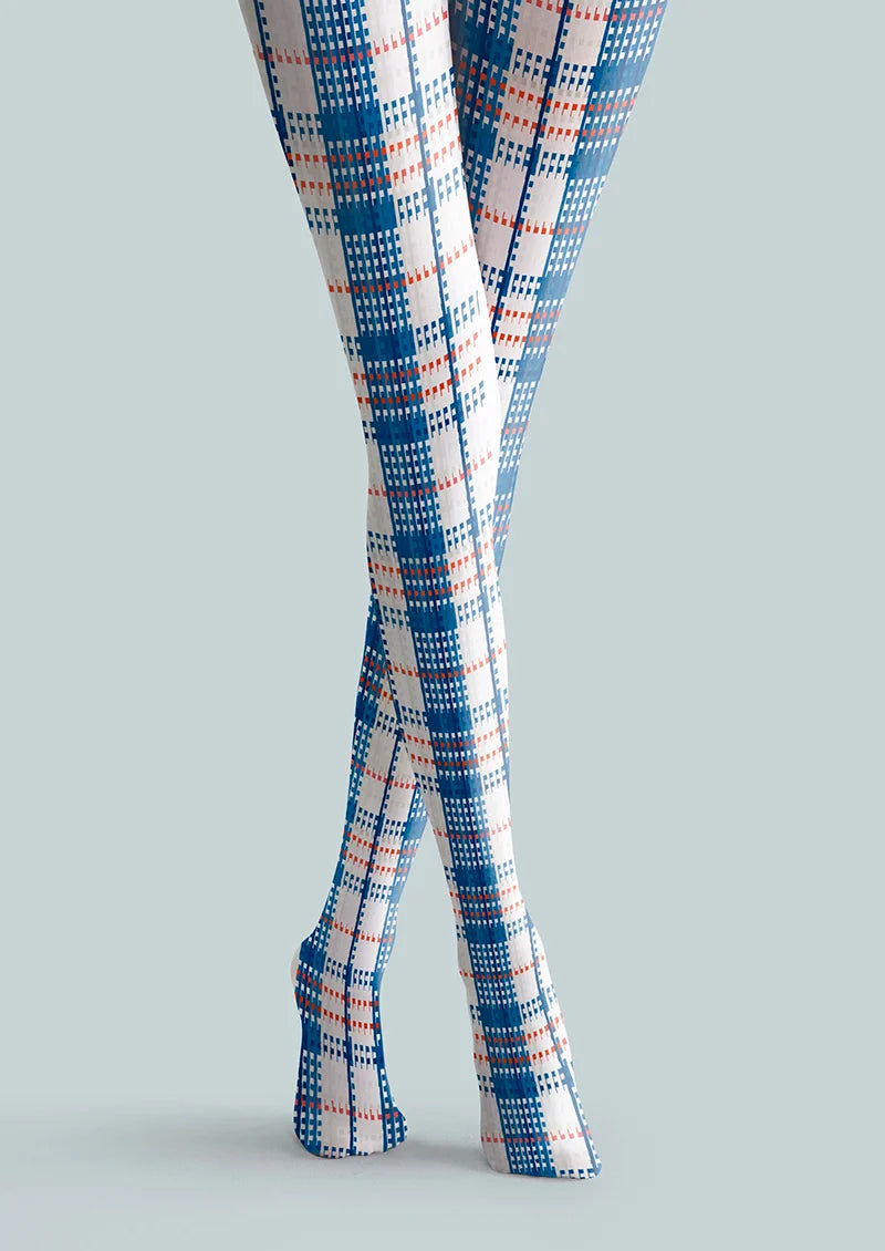 Deep Blue-White Striped Check Tights Hosiery Pantyhose