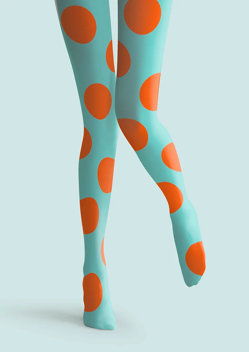 Aqua Blue & Orange Polka Dots Tights Hosiery Pantyhose