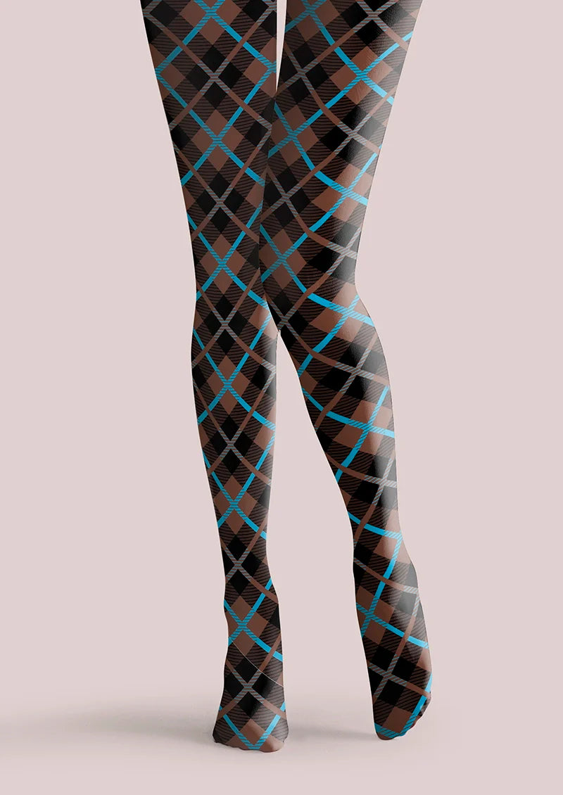 Brown Blue Check College Tights Hosiery Pantyhose