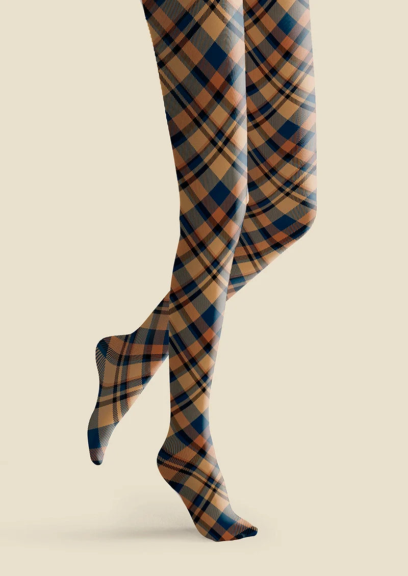Brown- blue  stripes Checked Tights Hosiery Pantyhose