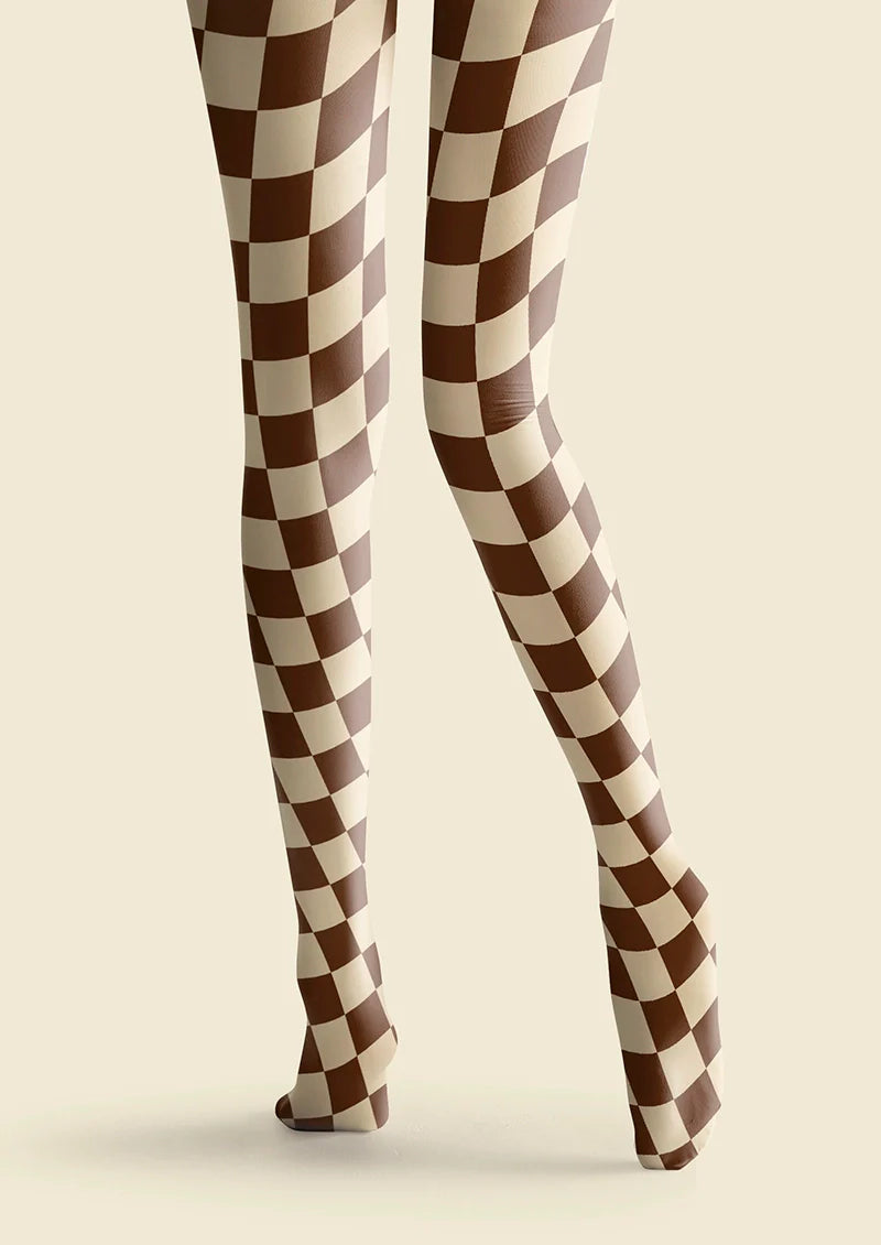 Brown-pale Yellow Checkered Tights Hosiery Pantyhose