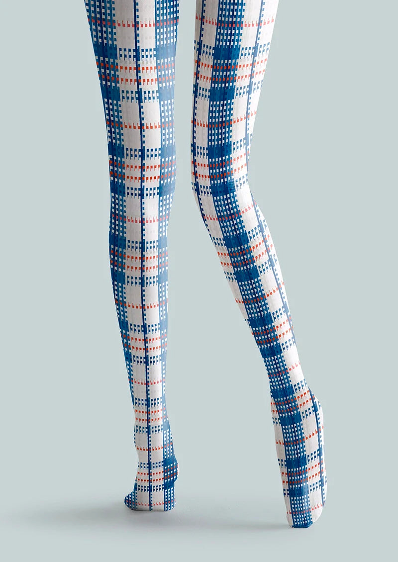 Deep Blue-White Striped Check Tights Hosiery Pantyhose