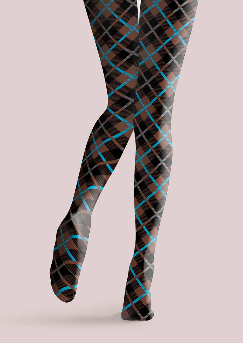 Brown Blue Check College Tights Hosiery Pantyhose