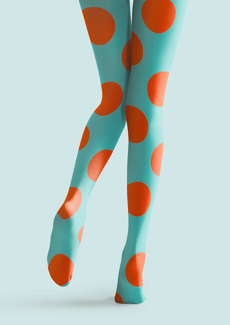 Aqua Blue & Orange Polka Dots Tights Hosiery Pantyhose