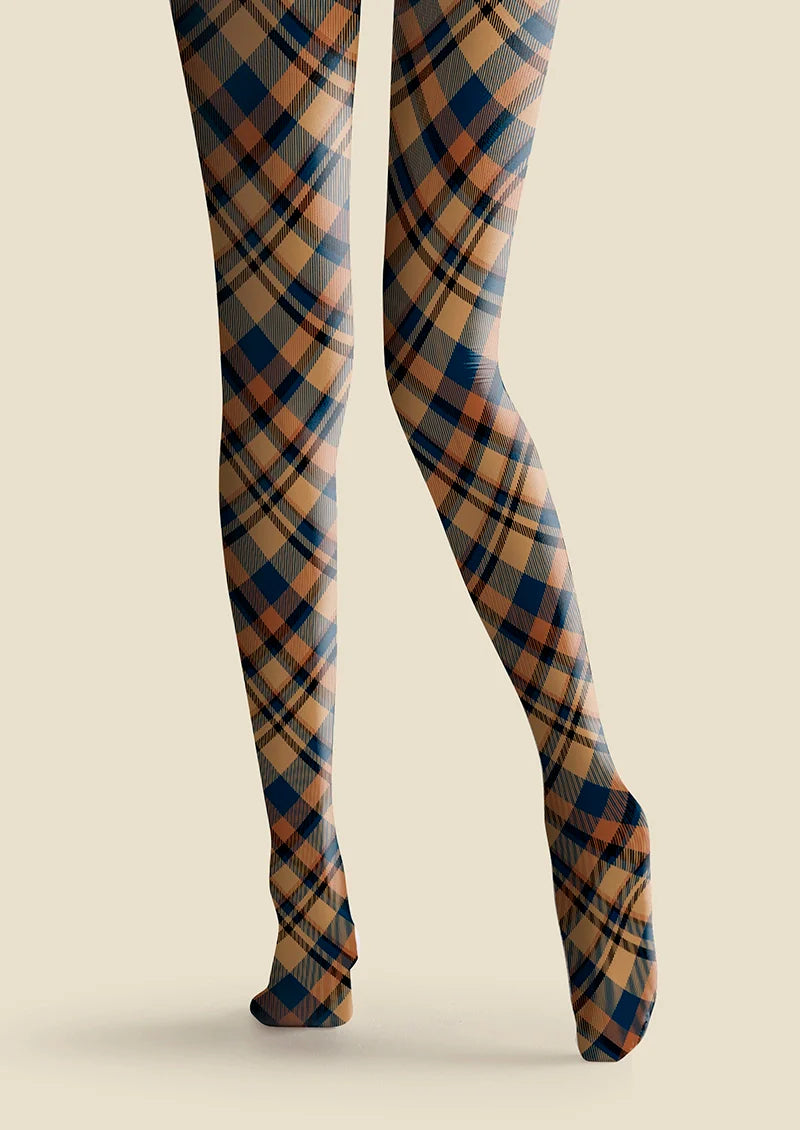 Brown- blue  stripes Checked Tights Hosiery Pantyhose