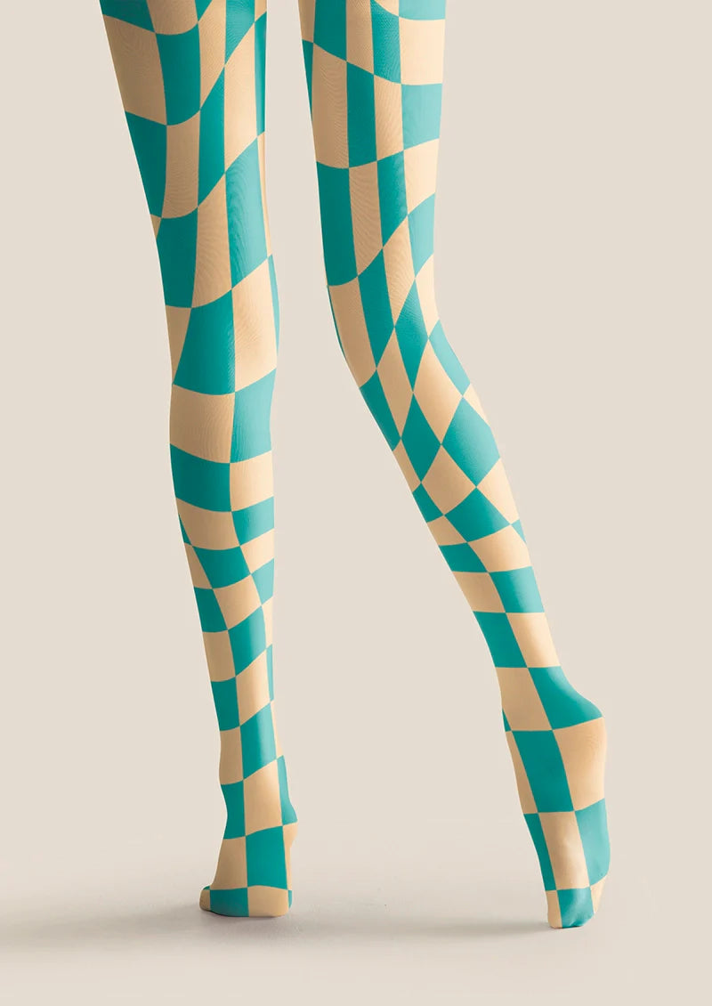Aqua Green Checked Tights Hosiery Pantyhose