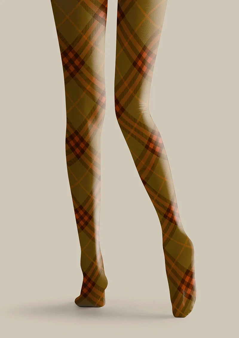 Olive green-Orange Maillard  Check Tights Hosiery Pantyhose