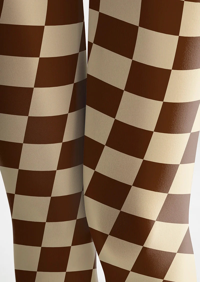 Brown-pale Yellow Checkered Tights Hosiery Pantyhose