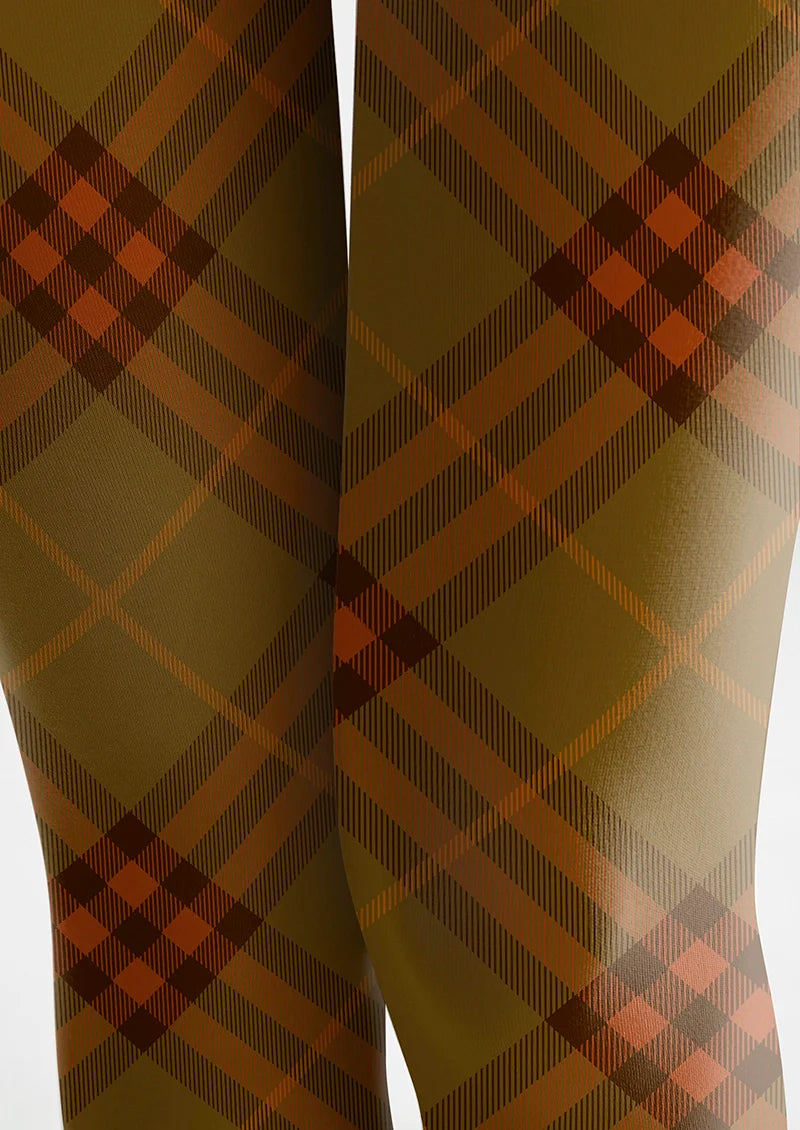 Olive green-Orange Maillard  Check Tights Hosiery Pantyhose