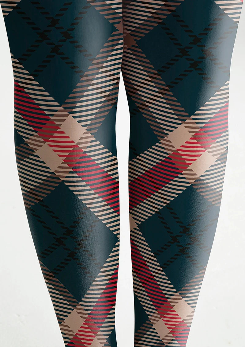 Deep Blue-khaki-red Striped Check Tights Hosiery Pantyhose