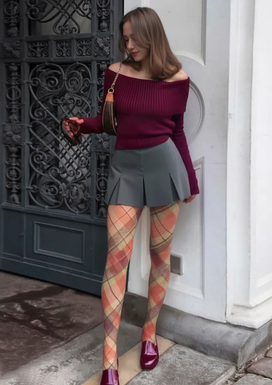 Candy Colors Check Plaid Tights Hosiery Pantyhose