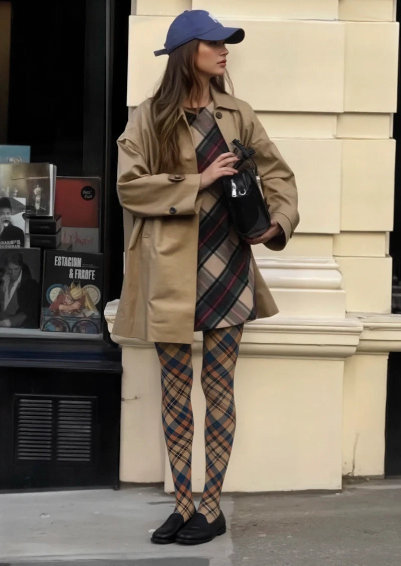 Brown- blue  stripes Checked Tights Hosiery Pantyhose