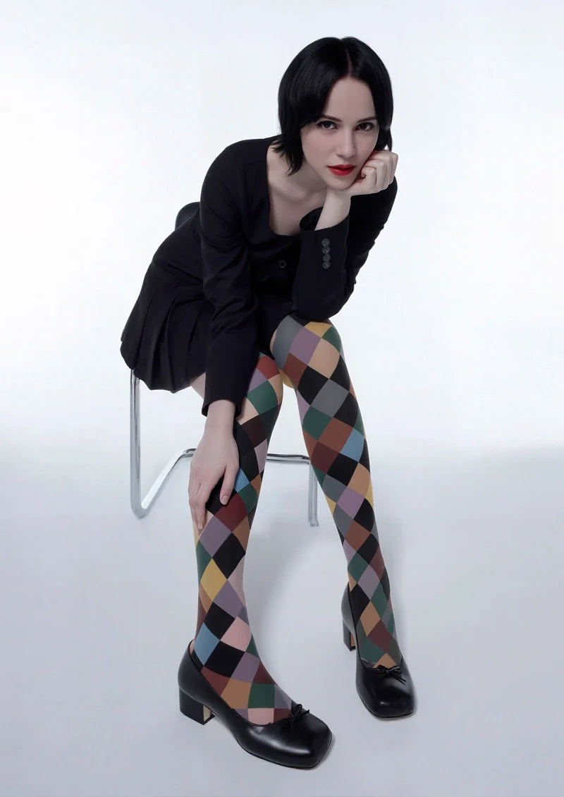 Color Checkered Pattern Tights Hosiery Pantyhose