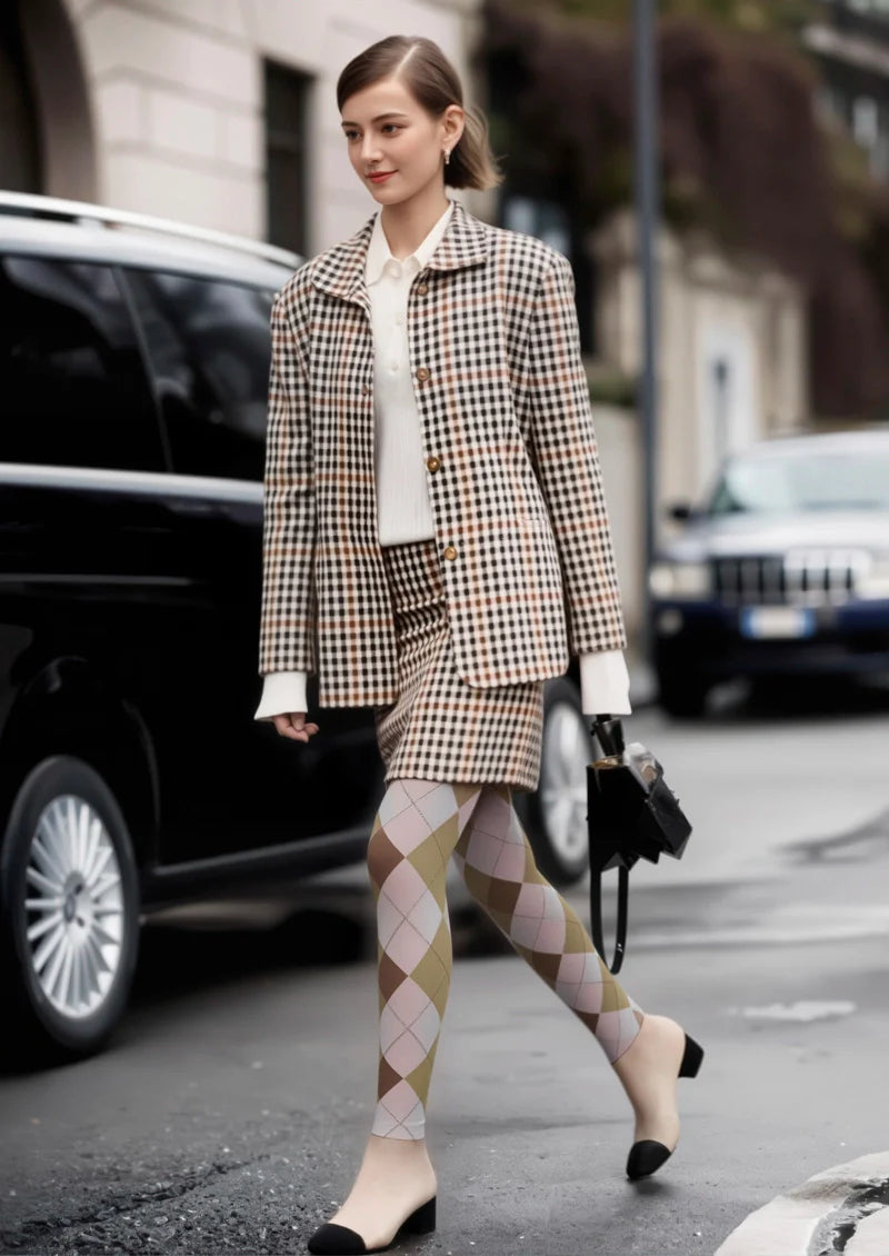 Pinkish Yellow Plaid Tights Hosiery Pantyhose