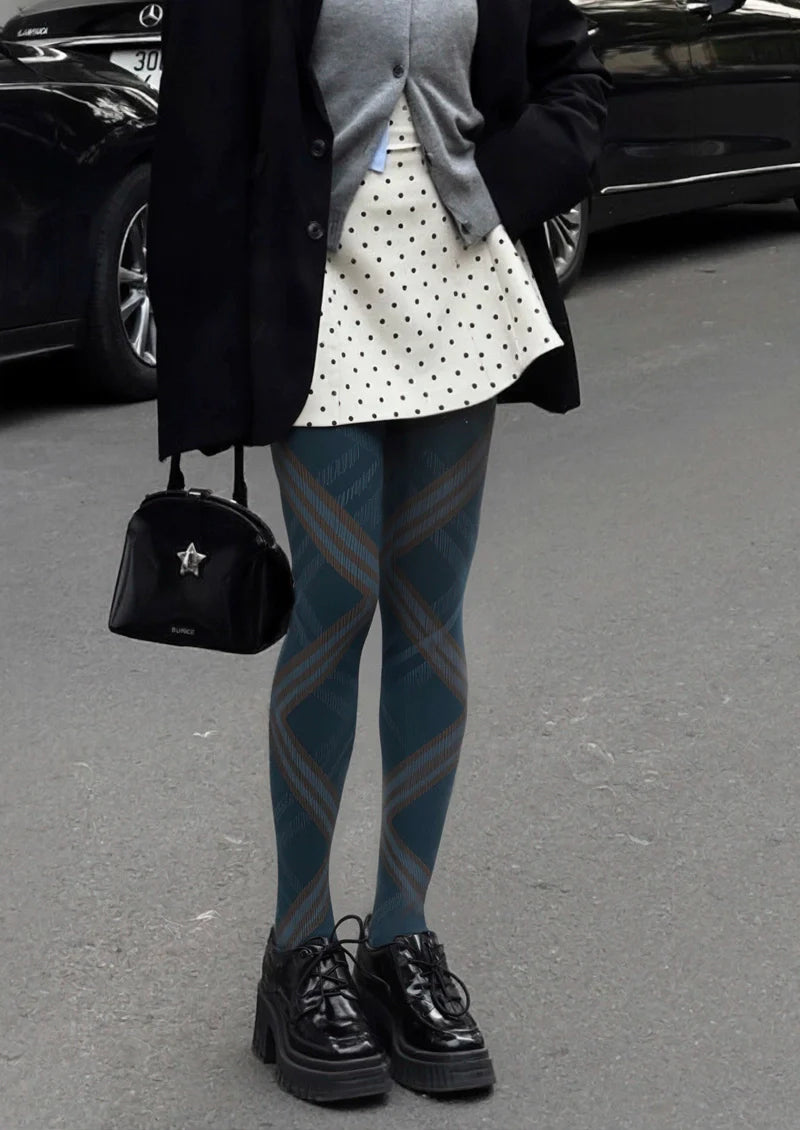 Deep Blue Check Plaid Tights Hosiery Pantyhose