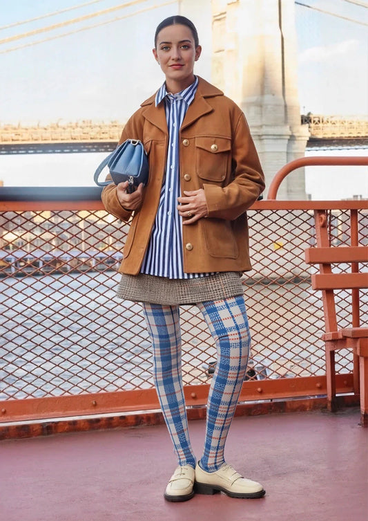 Deep Blue-White Striped Check Tights Hosiery Pantyhose
