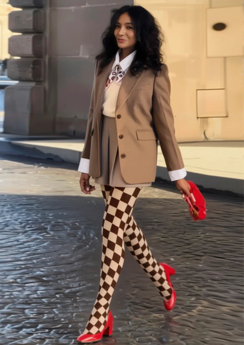 Brown-pale Yellow Checkered Tights Hosiery Pantyhose