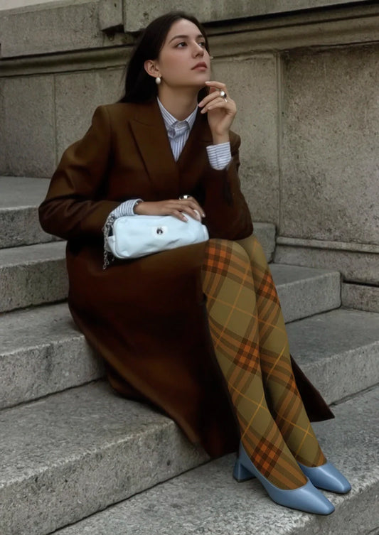 Olive green-Orange Maillard  Check Tights Hosiery Pantyhose