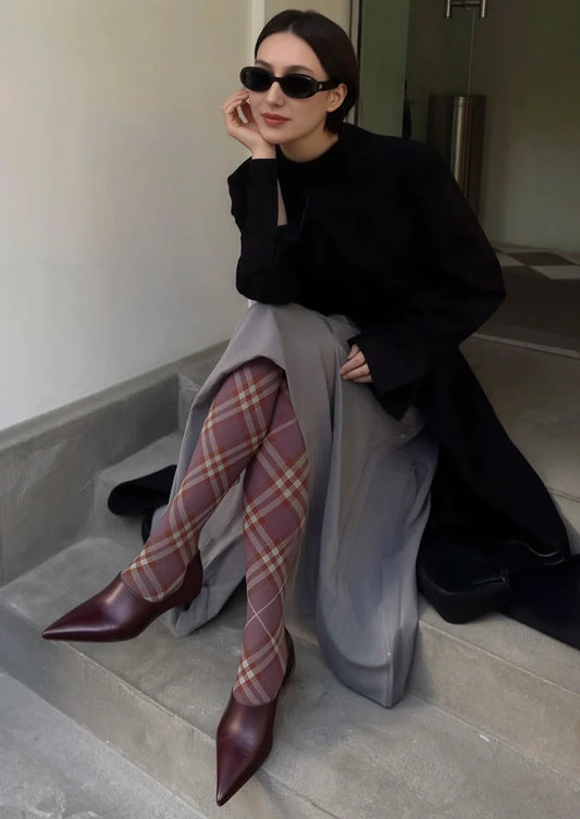 Dark Purple Maillard Check Tights Hosiery Pantyhose