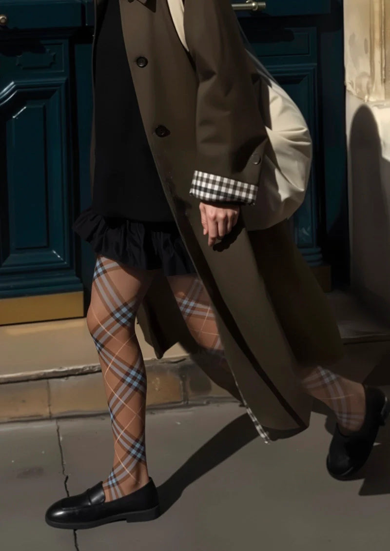 Brown-blue Maillard Check Tights Hosiery Pantyhose