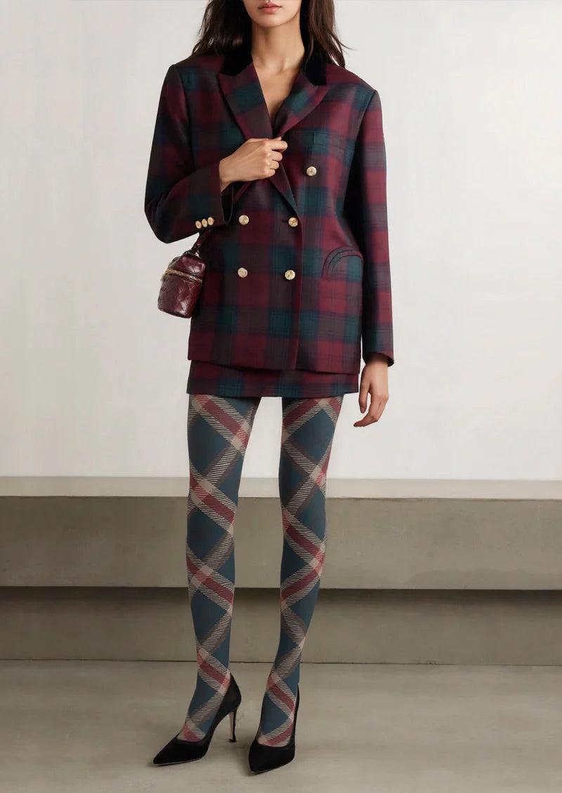 Deep Blue-khaki-red Striped Check Tights Hosiery Pantyhose