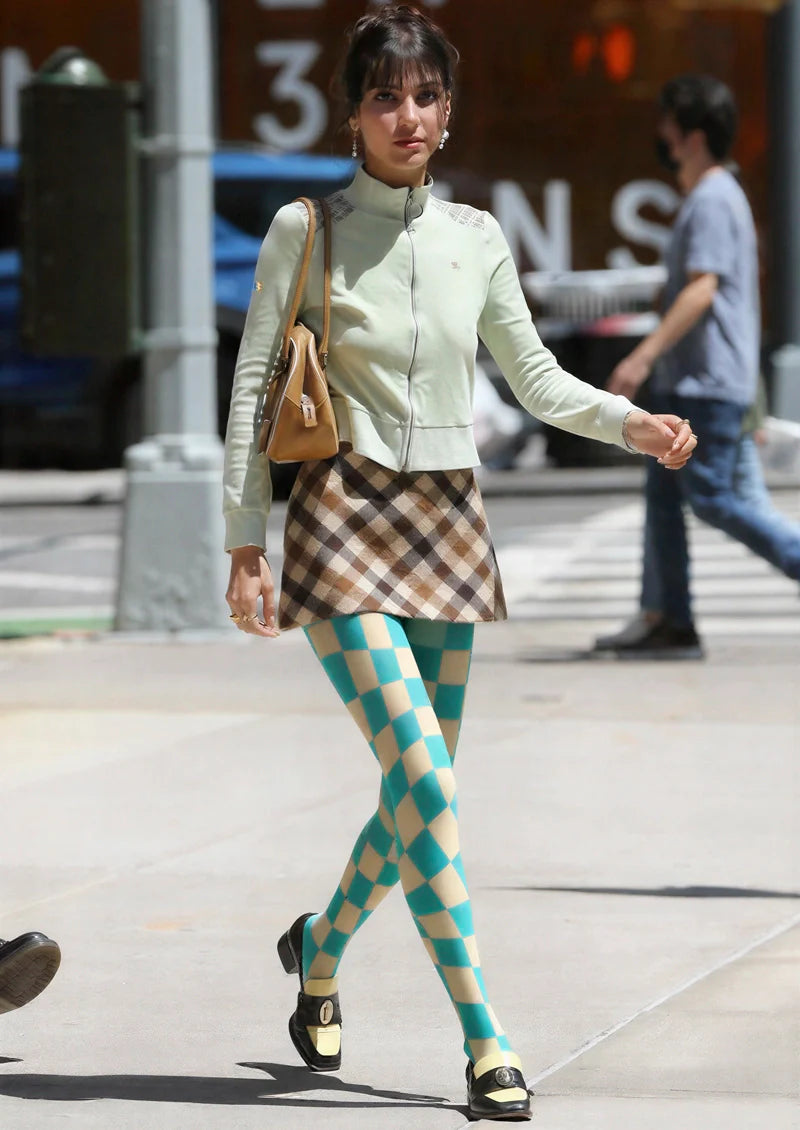 Aqua Green Checked Tights Hosiery Pantyhose