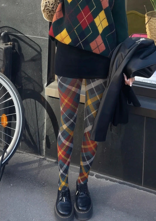 Deep Blue-Colorful Striped Check Tights Hosiery Pantyhose