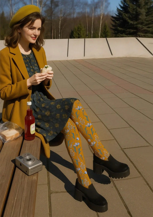 Earth yellow Dainty florals Tights Hosiery Pantyhose