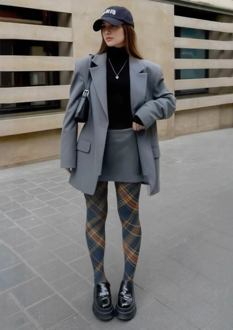 Blue-brown Check Plaid Tights Hosiery Pantyhose