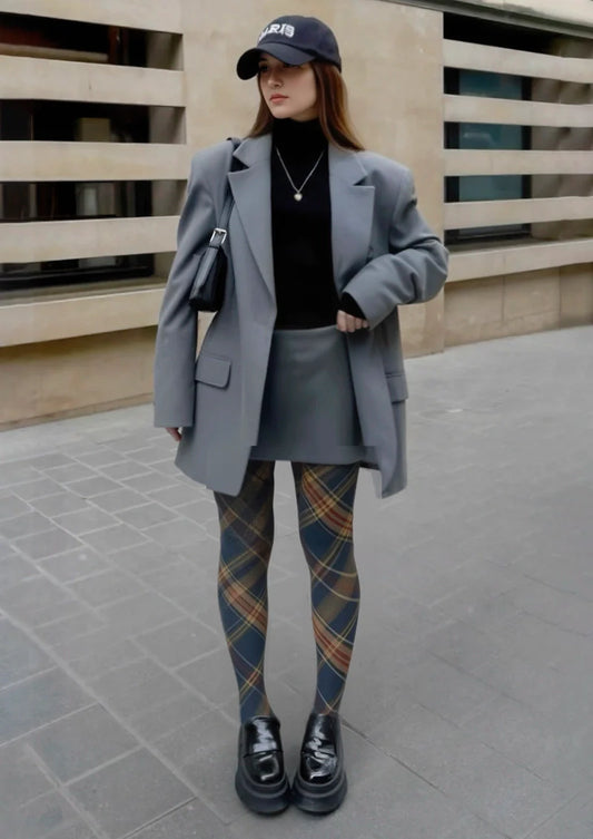 Blue-brown Check Plaid Tights Hosiery Pantyhose