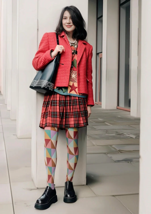 Red-color Rhombus Pattern Tights Hosiery Pantyhose