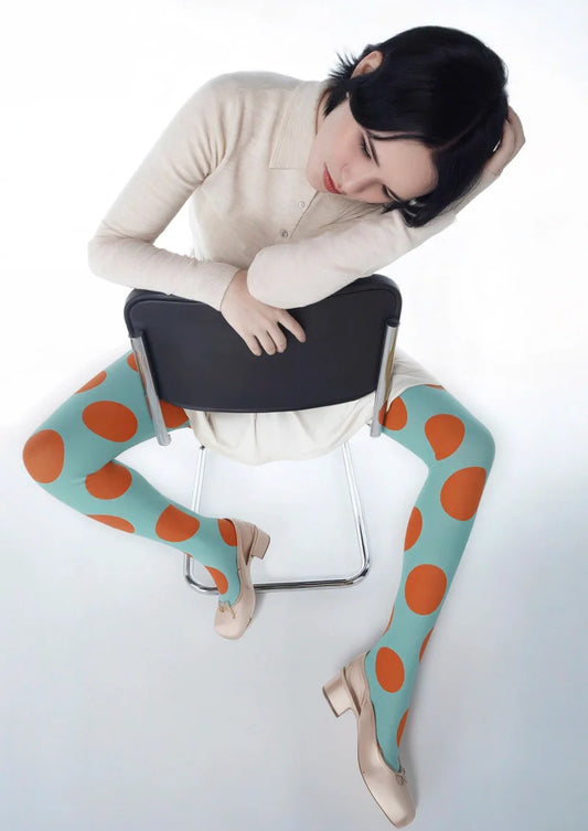 Aqua Blue & Orange Polka Dots Tights Hosiery Pantyhose
