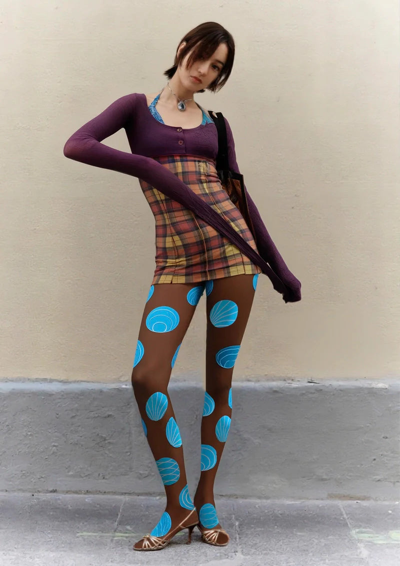 PopArt Print Tights Color Pantyhose/Tights [Brown & Sky Blue Polka Dots]