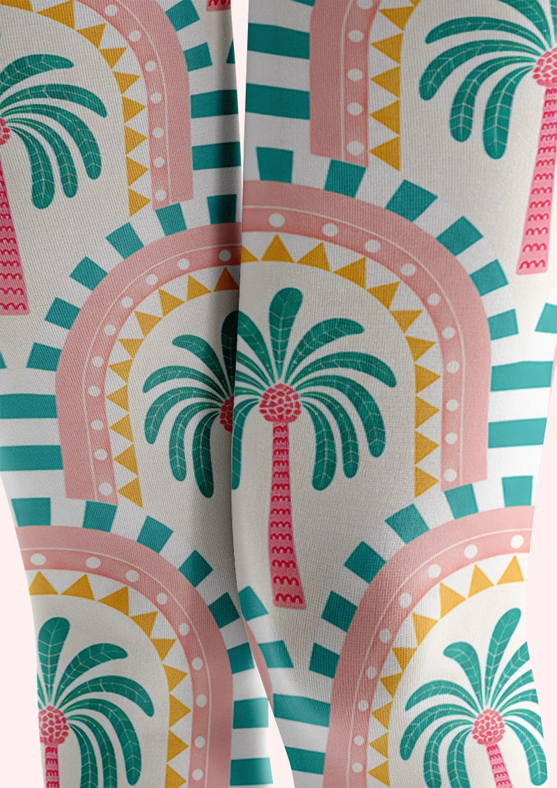 Palm Arch Resort Print Footless Tights Hosiery Leggings
