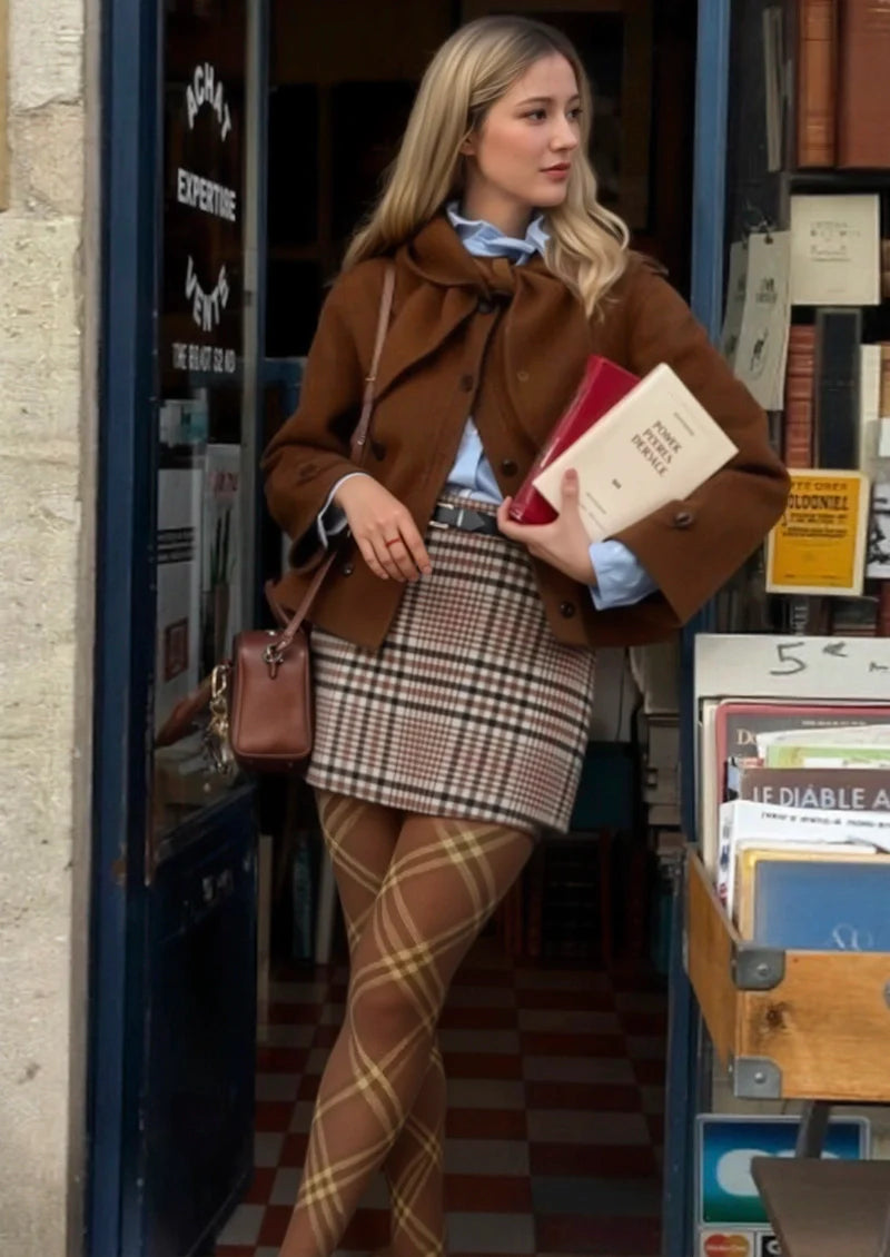 Van Dyke Brown Maillard  Check Tights Hosiery Pantyhose