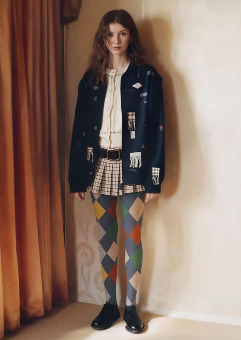 Gray-toned Plaid Tights Hosiery Pantyhose