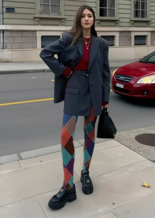 Deep Color Plaid Tights Hosiery Pantyhose