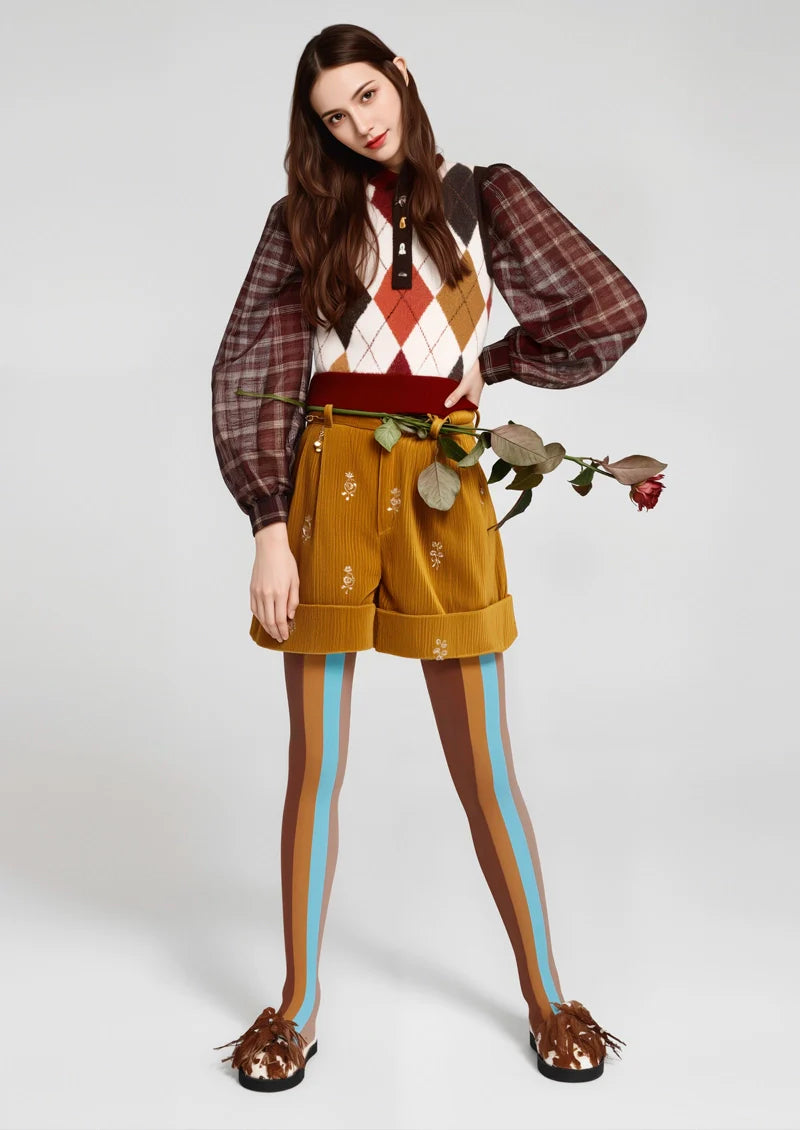 Brown Blue Striped Tights Hosiery Pantyhose