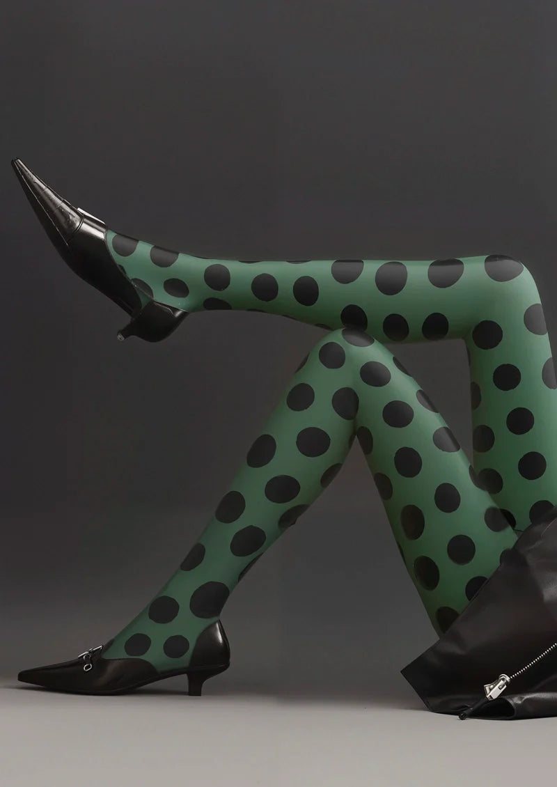 PlanGreen & Black Polka Dots Tights Hosiery Pantyhose