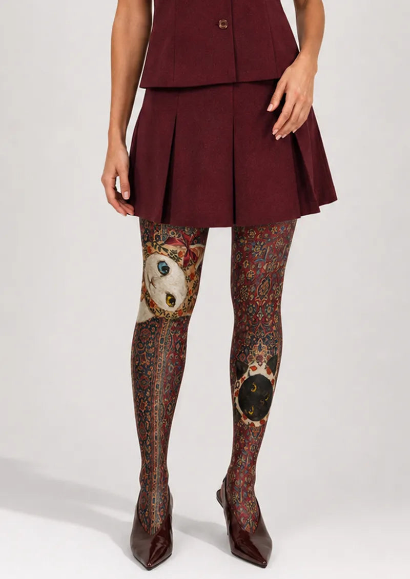 Two-Tone Black and White Cat Tapestry Print Tights Hosiery Pantyhose