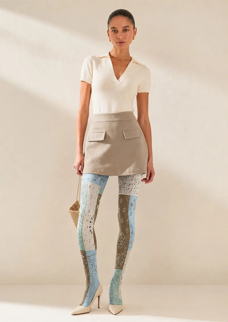 Blue Brown Patchwork Paisley Print Tights Hosiery Pantyhose