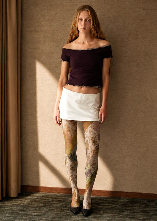 Ivory Gold Baroque Floral Tights Hosiery Pantyhose