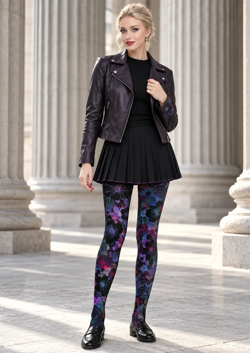 Black Purple Floral Collage Tights
