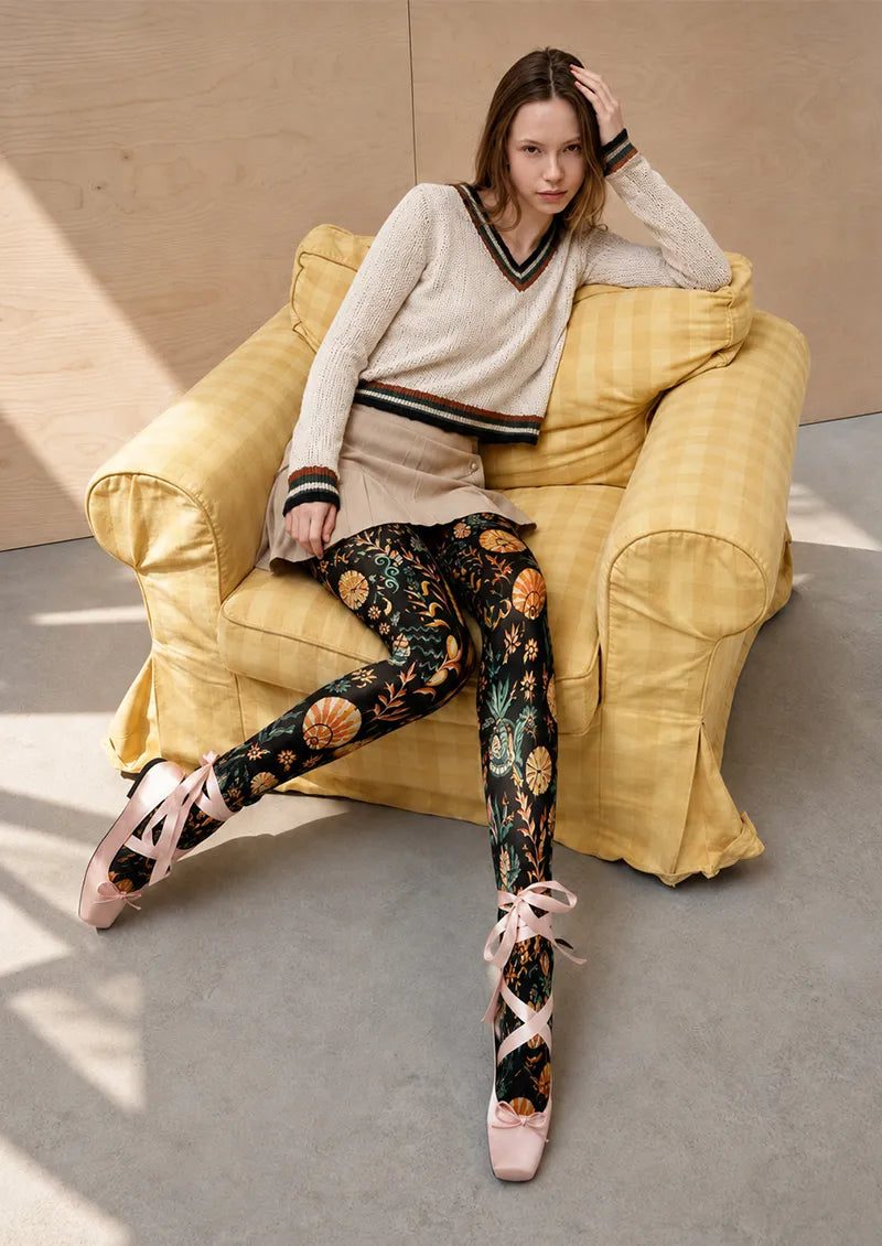 Black Seashell Botanical Print Tights Hosiery Pantyhose