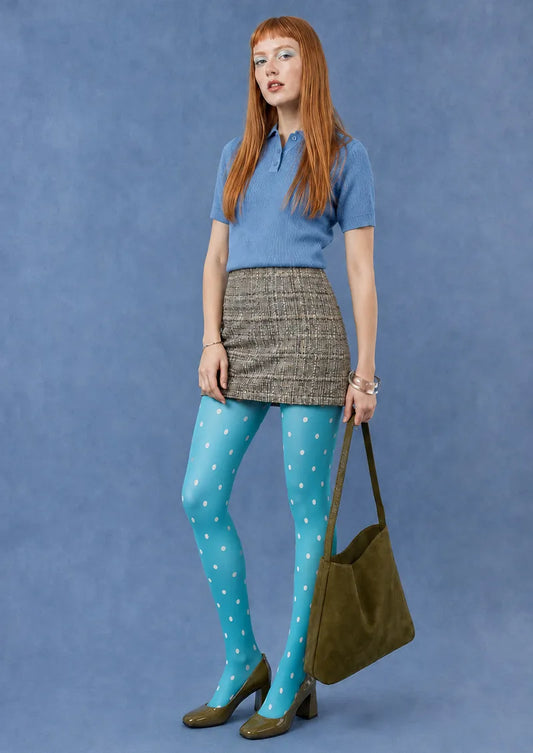 Turquoise White Polka Dot Print Tights Hosiery Pantyhose